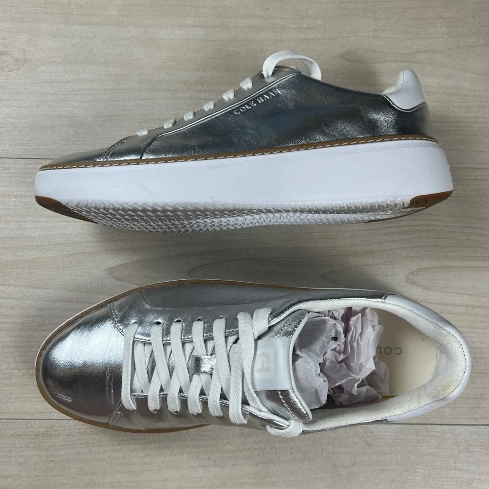 Cole Haan GrandPro Rally Court Metallic Silver Leather Platform Sneakers 7C